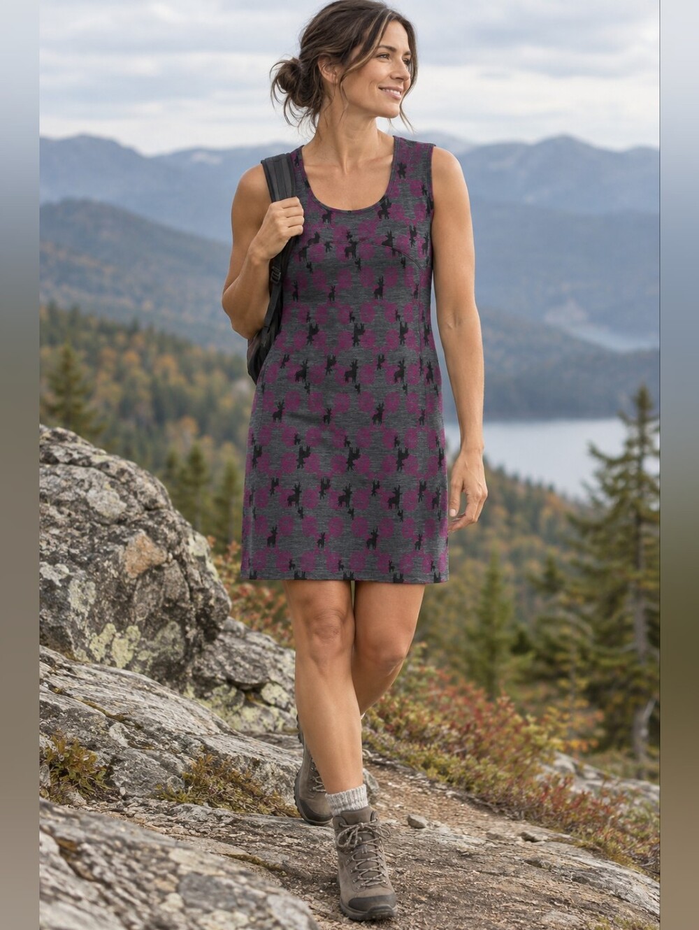 Ibex Merino Wool Dress Medium 100% Zque Certified Gray Purple Black Print Layer